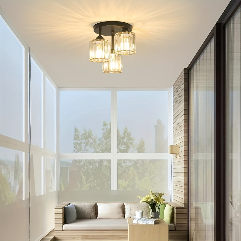 Crystal Semi Flush Mount Ceiling Light 3-Light Modern Chandelier with Transparent Glass Shades for Kitchen Hallway Bedroom Living Room – Black or Gold
