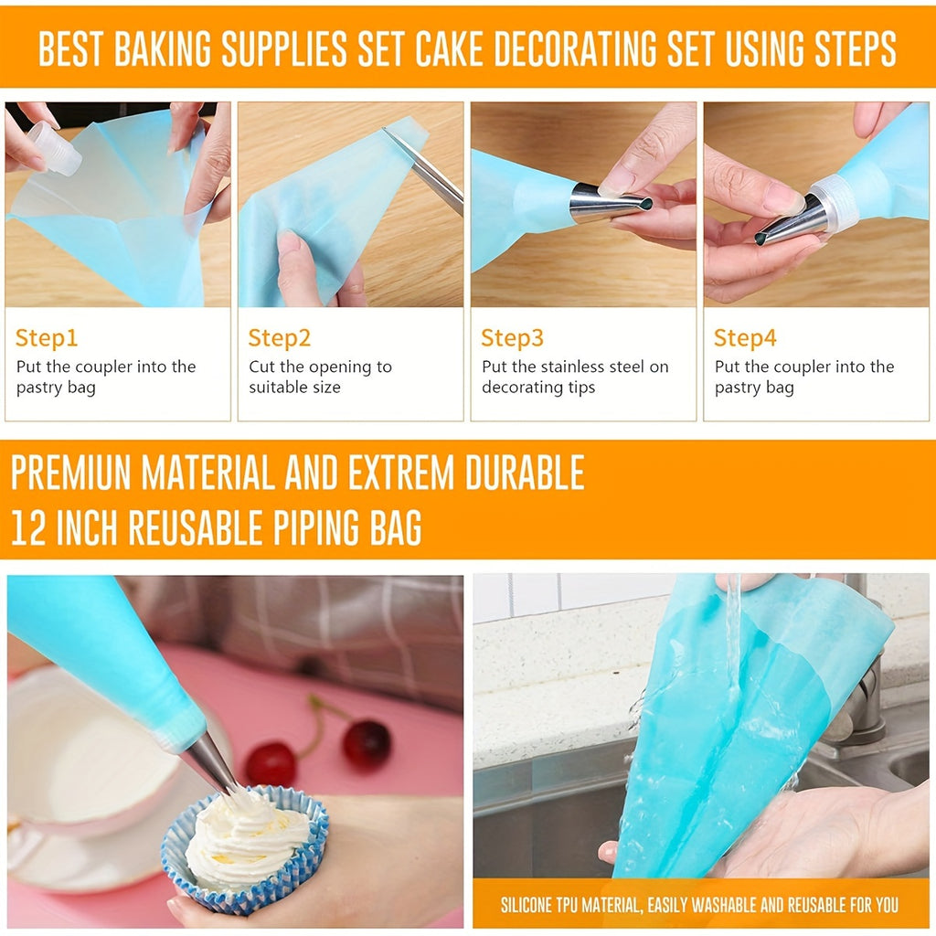 22pcs Cake Decorating Set with Rotating Turntable Stand - 12 Stainless Steel Piping Tips, Icing Spatula, 3 Scrapers & Pastry Bags, Complete Cake Decoration Kit for Home Bakers