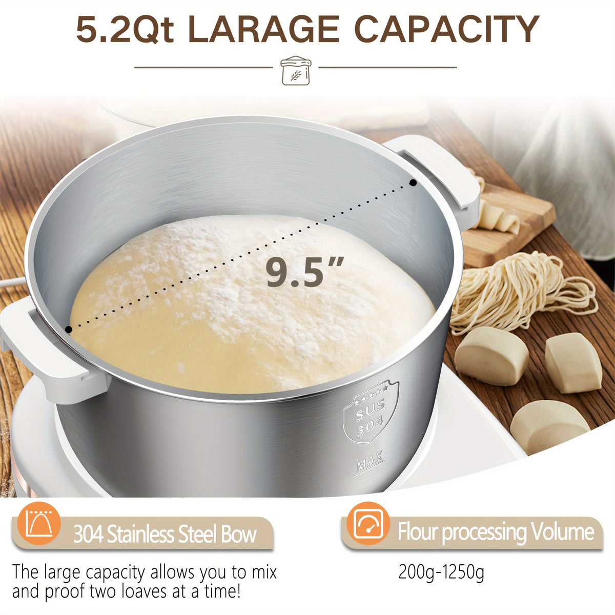 Electric Dough Maker 5.2Qt 250W 304 Stainless Steel Bowl with Ferment Function - Automatic Kneading Machine for Bread, Pizza, Pasta, Roti, Dumplings - Adjustable Time, 3 Modes, Home Kitchen