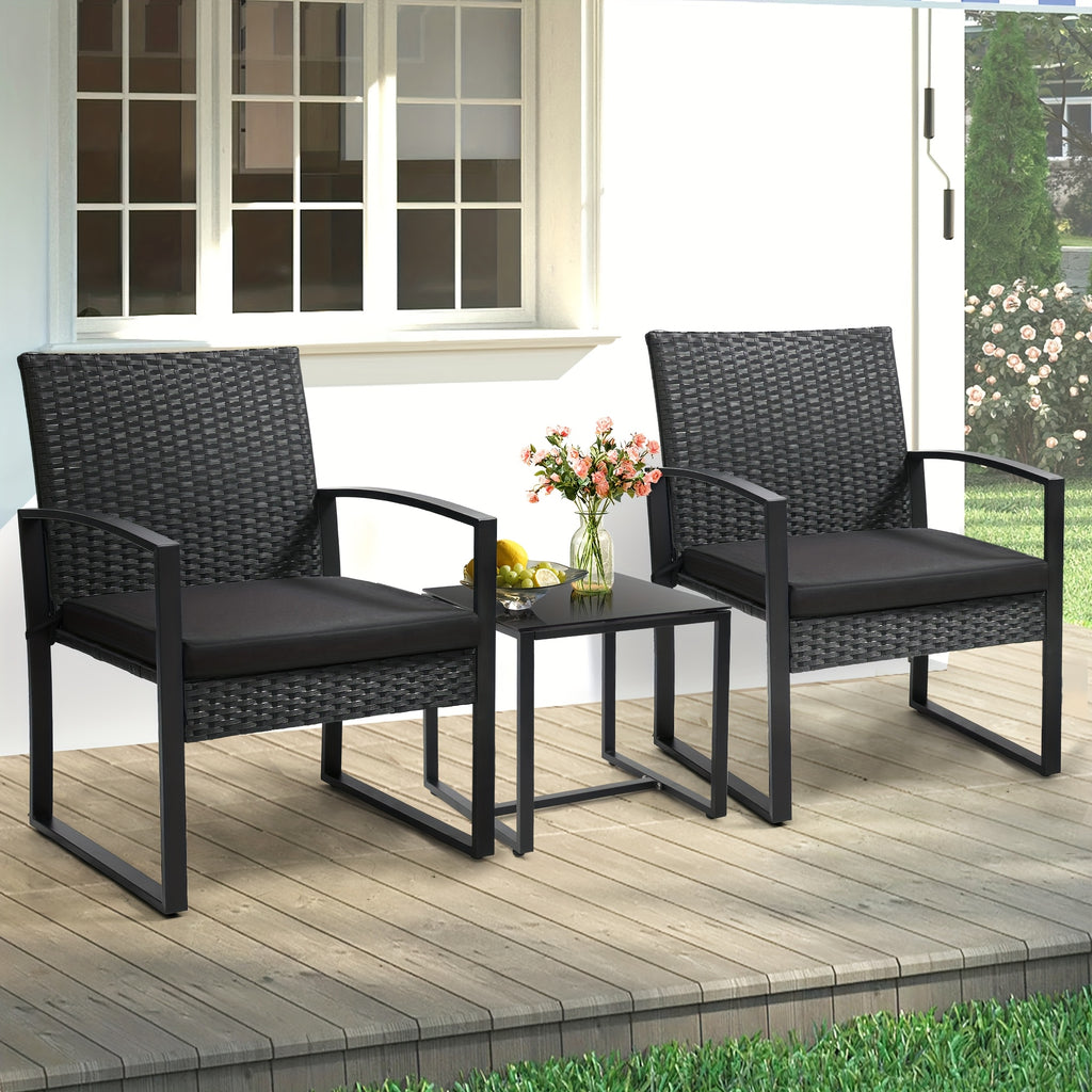 Rattan Bistro Set 3 Piece Outdoor Patio Furniture with 2 Chairs & Glass Top Table, Plush Cushions Conversation Set for Backyard, Balcony and Garden, Black Rattan Frame
