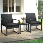 Rattan Bistro Set 3 Piece Outdoor Patio Furniture with 2 Chairs & Glass Top Table, Plush Cushions Conversation Set for Backyard, Balcony and Garden, Black Rattan Frame