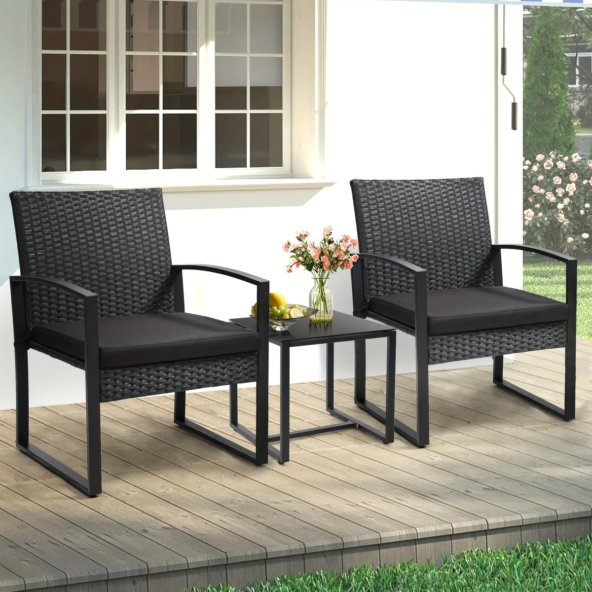 Rattan Bistro Set 3 Piece Outdoor Patio Furniture with 2 Chairs & Glass Top Table, Plush Cushions Conversation Set for Backyard, Balcony and Garden, Black Rattan Frame