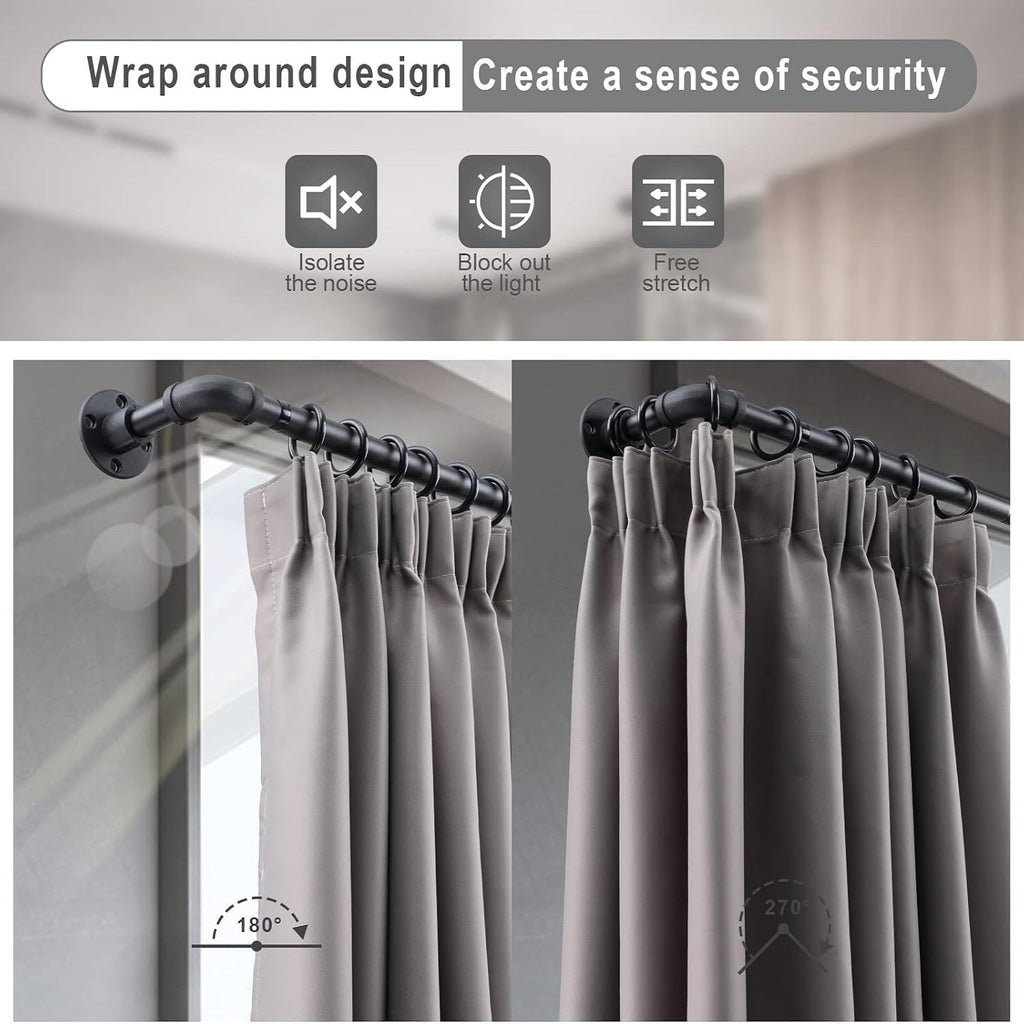 Adjustable Industrial Black Pipe Curtain Rod 1 Inch Wrap-Around with Brackets, Indoor Outdoor Patio Room Divider, 4 Sizes 28-45in to 28-84in