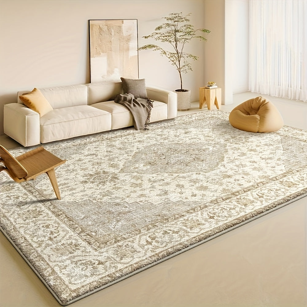 Plush Velvet Floral Geometric Area Rug 850 GSM Machine Washable Non-Slip Soft Beige Cream for Living Room Bedroom Office – Multiple Sizes