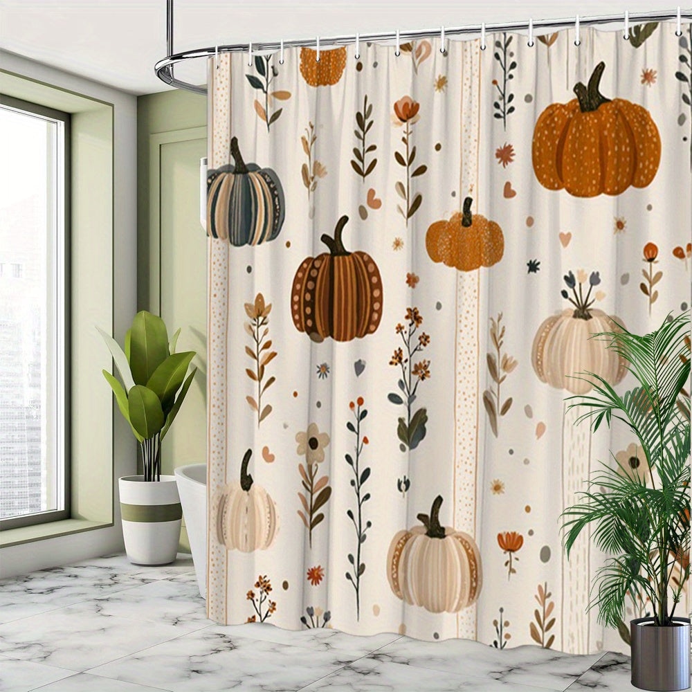 Autumn Pumpkin Floral Shower Curtain Farmhouse Style – Waterproof Polyester Fabric, 70–72 Inch, Includes 12 Hooks – All-Season Fall Bathroom Decor