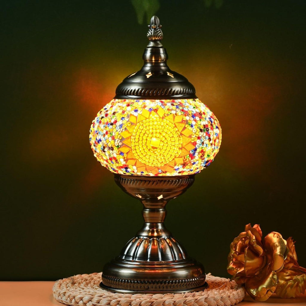 Handmade Turkish Mosaic Table Lamp 3-Color Dimming Glass Bedside Lamp with Metal Base - USB Powered Boho Decorative Light for Bedroom Living Room - Bulb Included, Ready to Use