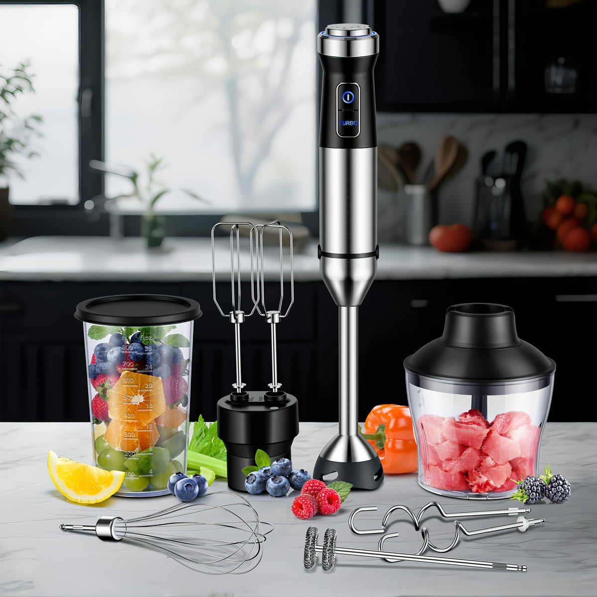 7-in-1 Immersion Blender Handheld 1000W 20-Speed Turbo with Dough Hooks, Egg Beater, Whisk, Beaker & Chopper – BPA-Free Stick Blender