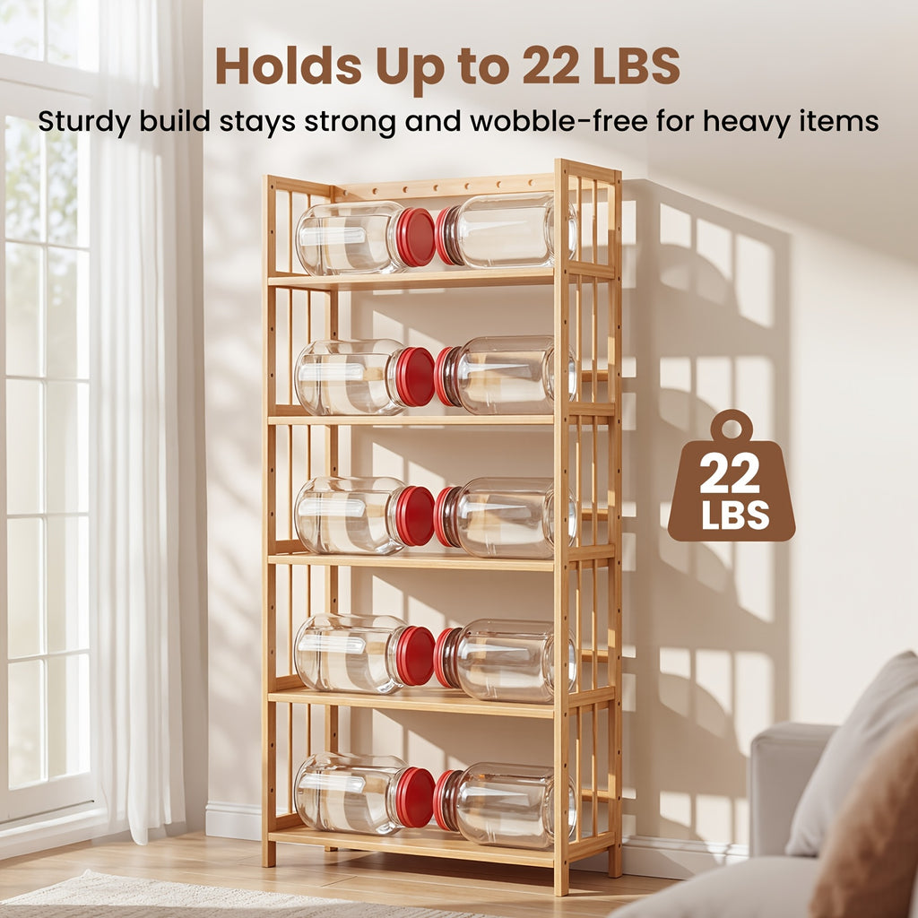 Bamboo Bookshelf Narrow 4 or 5 Tier Adjustable Shelves – Natural Wooden Bookcase Standing Storage Shelf Organizer for Small Spaces, Bedroom, Living Room & Home Office