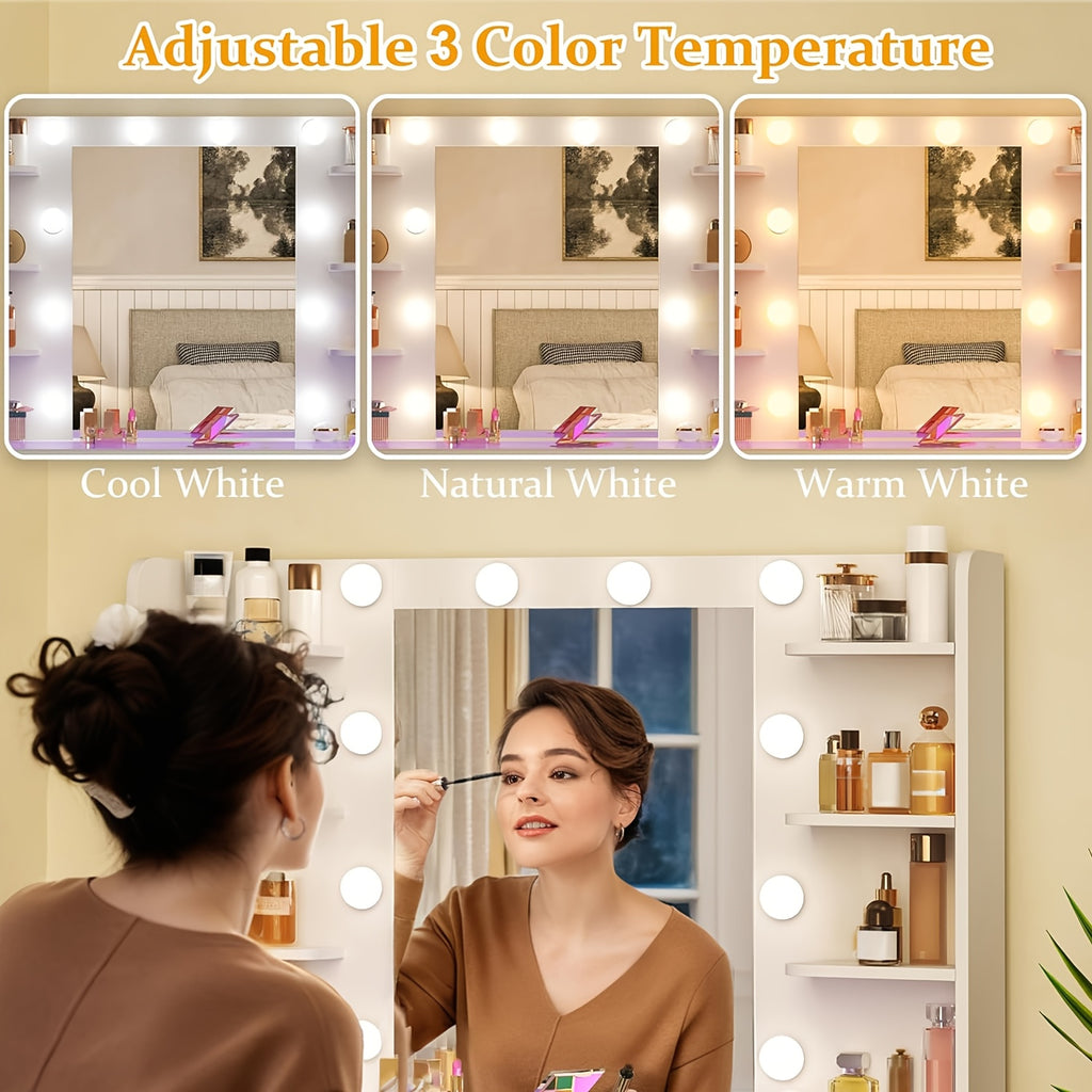 Vanity Desk with Lighted Mirror | 3-Color LED Lights, Multiple Drawers, Open Storage & Power Outlet – White Bedroom Makeup Vanity