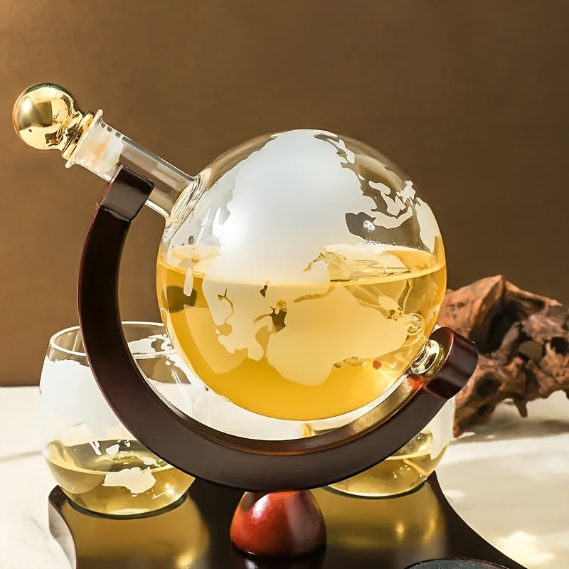Whiskey Decanter Set for Men – Etched World Globe Design 28oz with Wooden Stand & Glass – Bourbon Scotch Decanter Gift for Dad, Husband & Home Bar