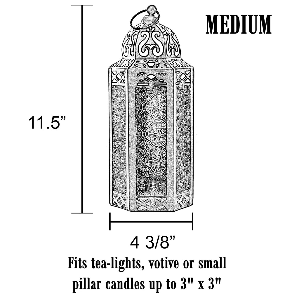 Moroccan Candle Lantern Holder Medium 10.5 Inch – Handcrafted Glass Iron Metal Lantern with Embossed Floral Panels, 17 Colors, Indoor Outdoor Use for Ramadan, Wedding, Patio, Diwali & Home Decor