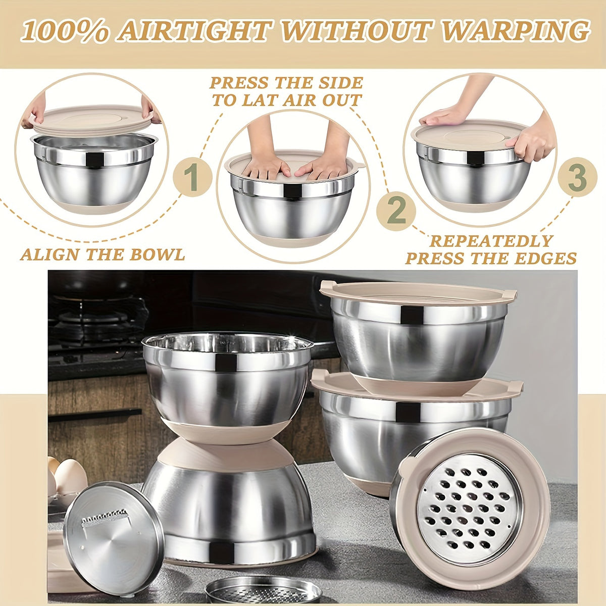 26-Piece Stainless Steel Mixing Bowl Set with Lids & Kitchen Tools – 6 Bowls (1.1–4.5 QT), Anti-Slip Silicone Base, Ideal for Baking, Salad & Meal Prep