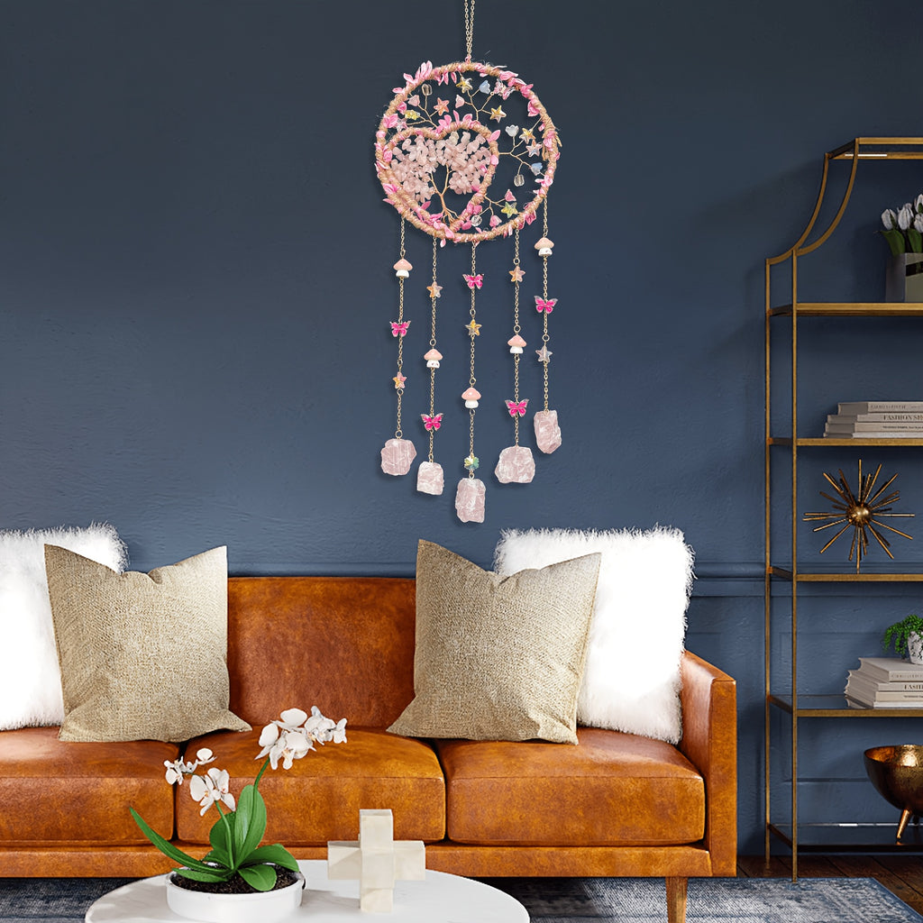 Bohemian Crystal Wall Hanging Decoration – Handmade Stone Beads, Colorful Gemstones, Heart & Circular Crystal Pendant Wind Chime – Boho Wall Decor Gift for Christmas, Mother’s Day & Thanksgiving