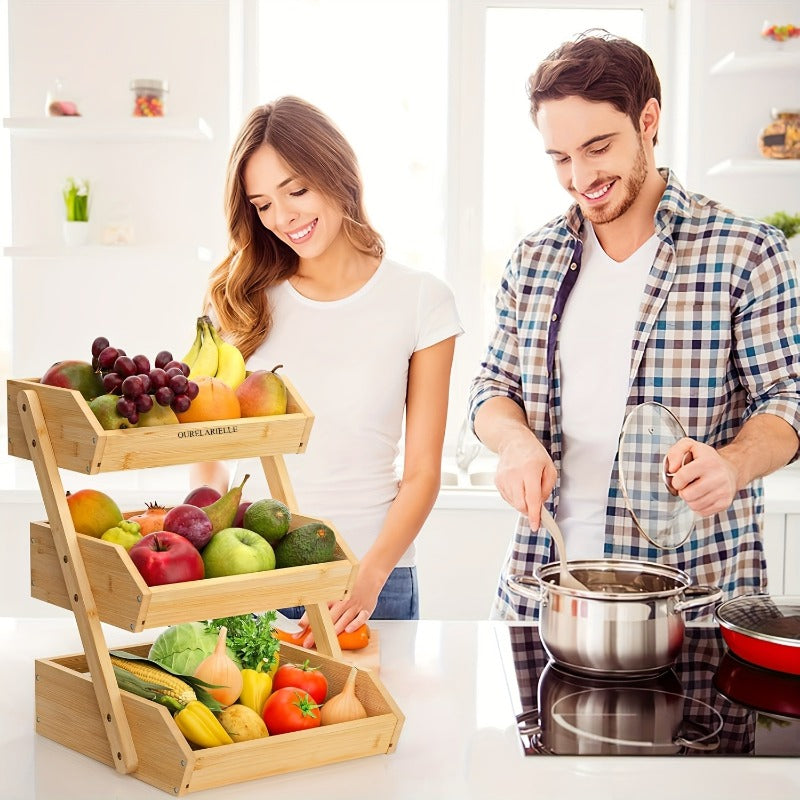3 Tier Bamboo Fruit Basket Rack Large Capacity Countertop Kitchen Storage for Fruits Vegetables & Bread – Natural Wood Ventilated Design
