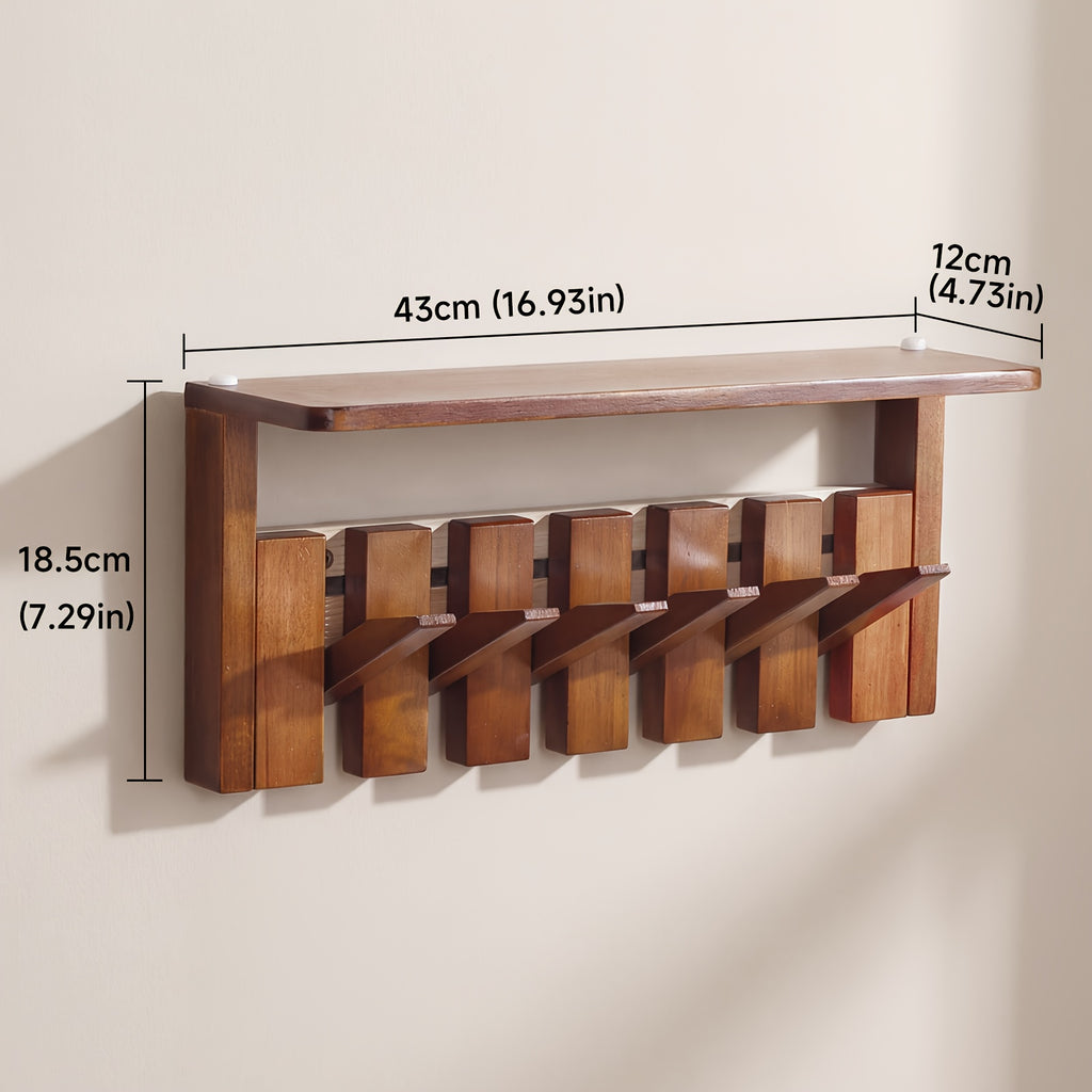 Wall Mounted Coat Rack Foldable Hooks Solid Rubberwood 6 or 8 Hooks 22 lbs Capacity Floating Shelf Dual Installation Drilling or Adhesive for Entryway Bedroom Bathroom Living Room