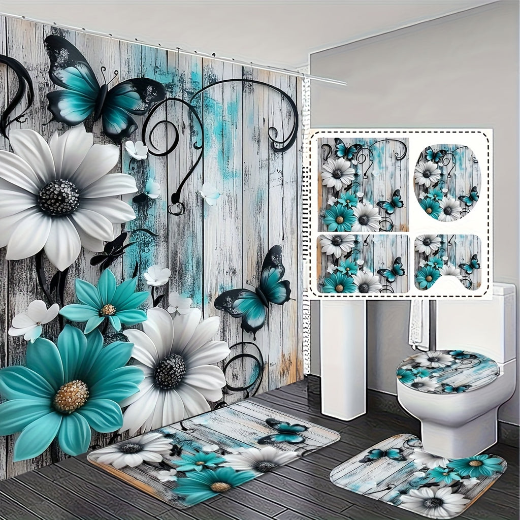 4pcs Floral Butterfly Shower Curtain Set Teal White with 12 Hooks Bath Rug - 2D Print Bathroom Decor Gift for Women Men Home Decoration | Nuvia Haven