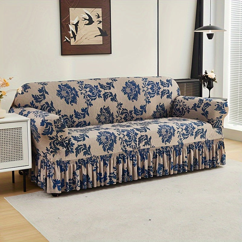High-Stretch Print Sofa Cover with Non-Slip Fixed Rod All-Season Snug-Fit Couch Slipcover – Stable, Beautiful & Practical Furniture Protector for Living Room, Skirt Style Design