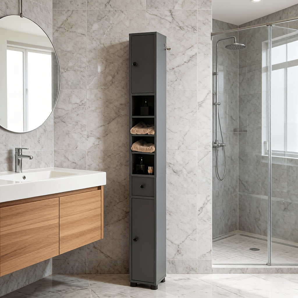 Tall Narrow Storage Cabinet with Doors Drawer & Adjustable Shelves – Freestanding Linen Tower for Bathroom Hallway Entryway Small Spaces