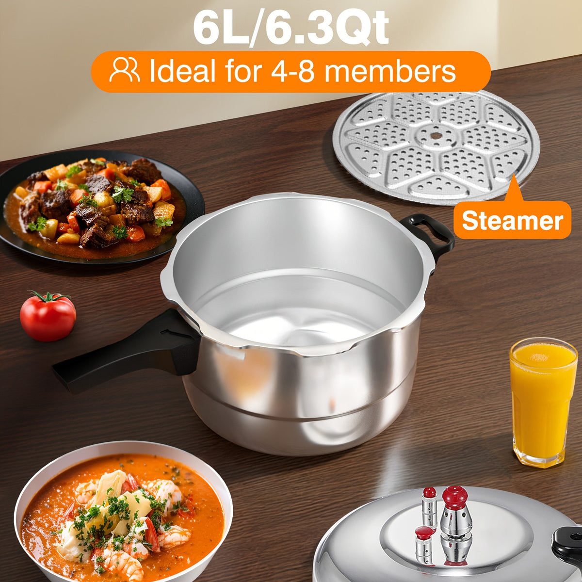 Stainless Steel Stovetop Pressure Cooker with Lid & Steamer Rack Multi-Function for Stewing Rice Sterilization Gas Stove Compatible Fast Safe Cooking
