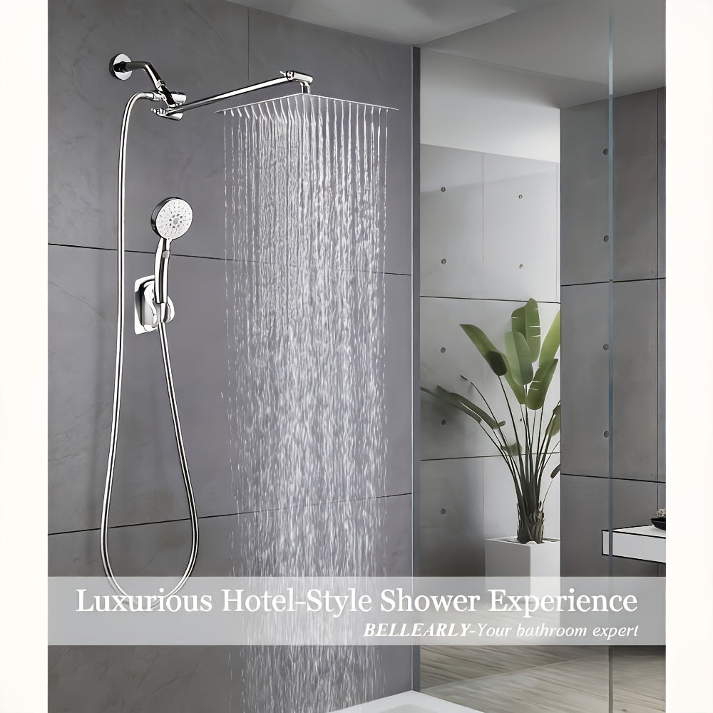 High Pressure Rainfall Shower Head & Handheld Combo 10/12 Inch Round or Square, 4-Spray Settings, 13-Inch Adjustable Arm, 78-Inch Hose & No-Drill Adhesive Holder – Chrome & Black