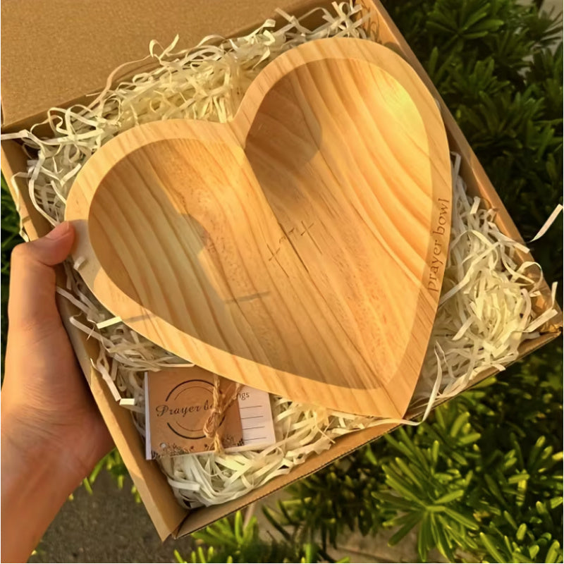 Wooden Heart Prayer Bowl & 30 Prayer Card Set Handcrafted Retro Decorative Bowl with Carved Cross – Christian Home Decor Easter Religious Gift for Prayer Room, Kitchen & Living Space
