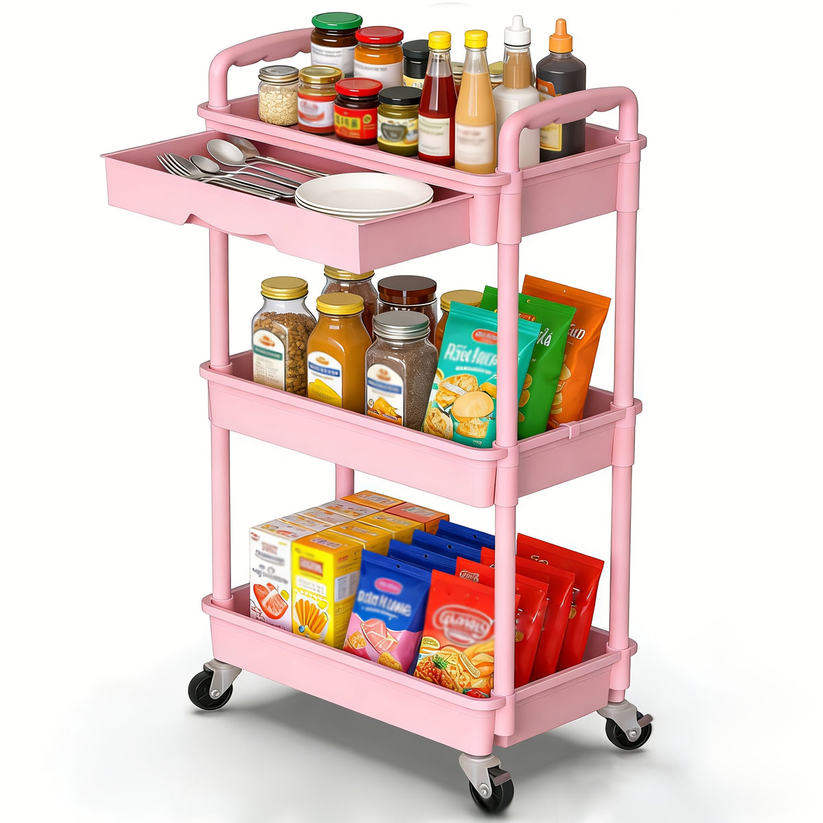3/4-Tier Rolling Storage Cart with Drawers – Plastic Organizer with Lockable Wheels, Cup Holder & Hooks | Kitchen, Bathroom, Bedroom & Laundry Room