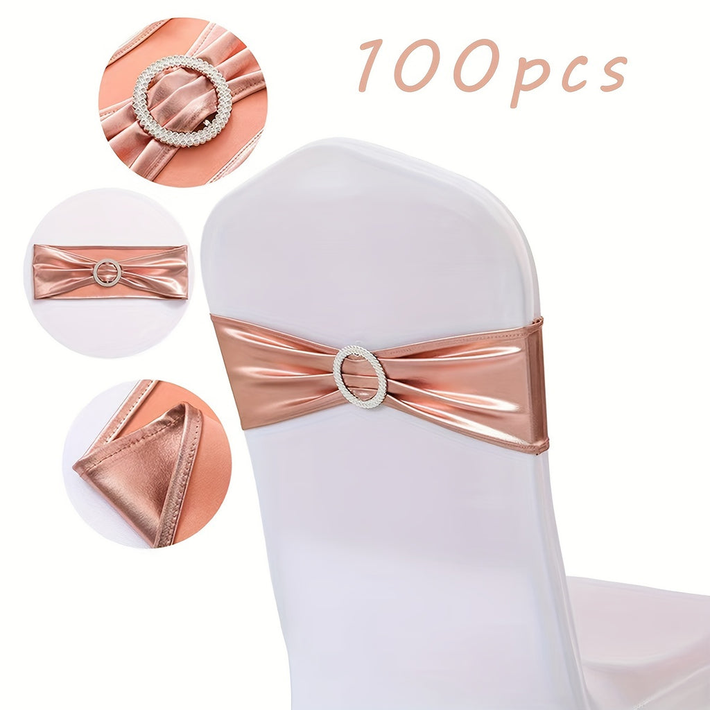 100pcs Metal Spandex Chair Bow Buckle Sliders – Stretchable Elastic Seat Strap Fasteners for Wedding, Party & Banquet Chair Decorations | Gold, Silver, Rose Gold & More