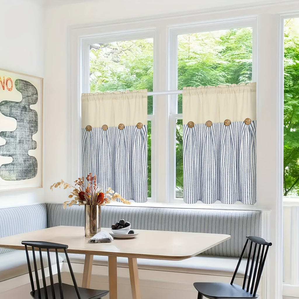 Bohemian Semi-Sheer Linen Cotton Curtains Grommet Top – Patchwork Country Cottage Window Drapes, 1 or 2 Panels, All Season, Bedroom Living Room Kitchen Bathroom Cafe Decor | Blue Green Dark Blue