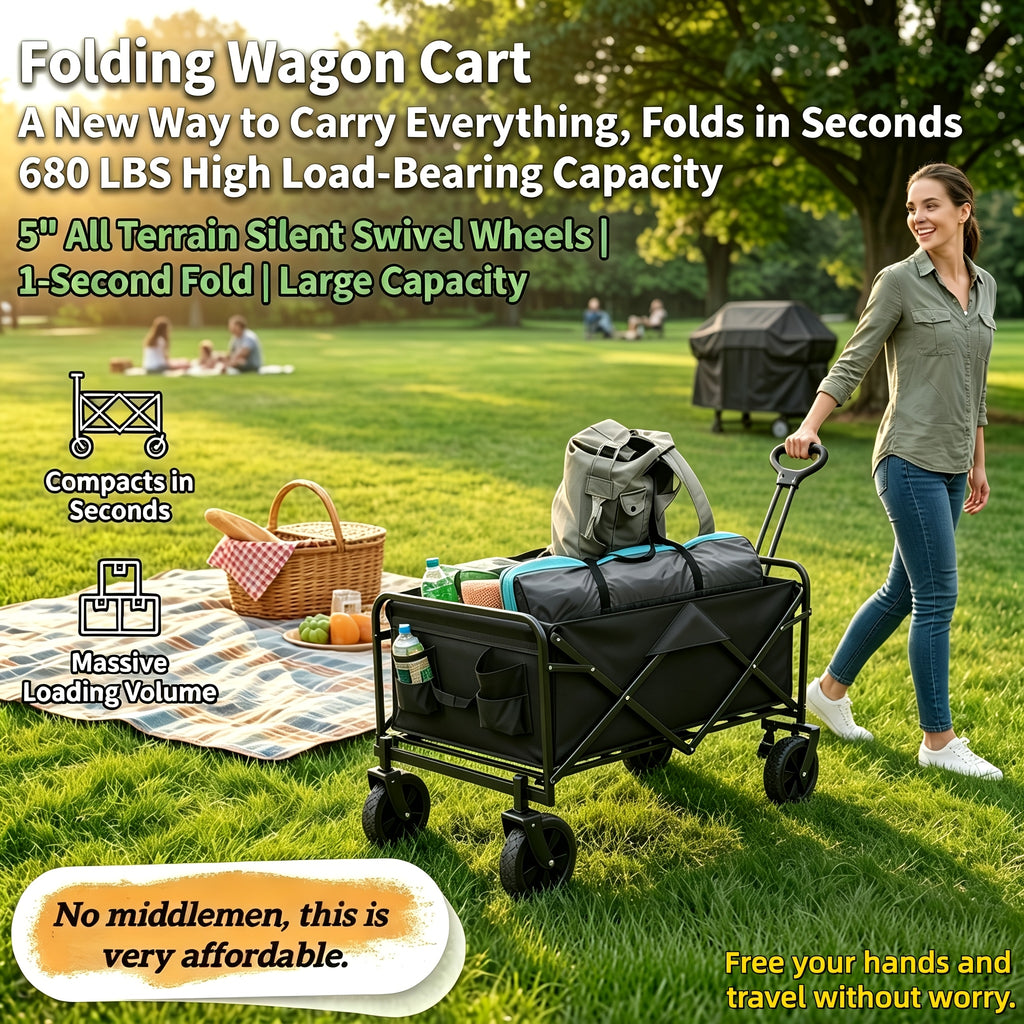 Heavy Duty Folding Utility Cart Wagon with All-Terrain Wheels, 680LBS Capacity Outdoor Camping Garden Shopping Yard Beach Sports Equipment Collapsible Wagon