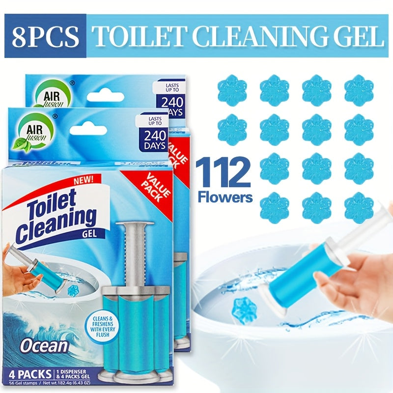 Toilet Bowl Gel Stamps 4 or 8 Pack 56–112 Count with Dispenser – 6 Fragrances Bathroom Cleaning Gel Stamp Prevents Limescale & Toilet Ring Fresh Flower Scent Air Freshener