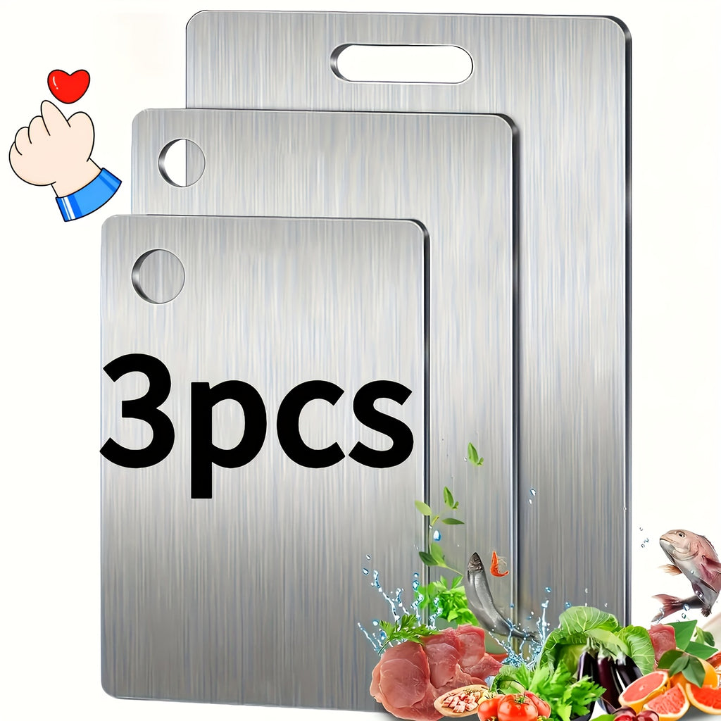 Stainless Steel Cutting Board Set 3 Piece - Dual-Sided SUS304 Metal Chopping Boards Non-Stick Rust-Resistant BPA-Free Portable for Kitchen Camping Picnic, Meat Fruit Vegetables