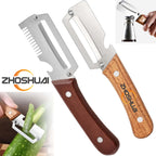Vegetable Peeler and Slicer Set Stainless Steel with Wooden Handle – 2-Piece Kitchen Gadget with Scallion Cutter, Straight Blade & Built-In Bottle Opener