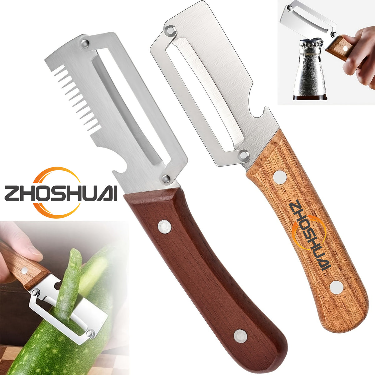 Vegetable Peeler and Slicer Set Stainless Steel with Wooden Handle – 2-Piece Kitchen Gadget with Scallion Cutter, Straight Blade & Built-In Bottle Opener