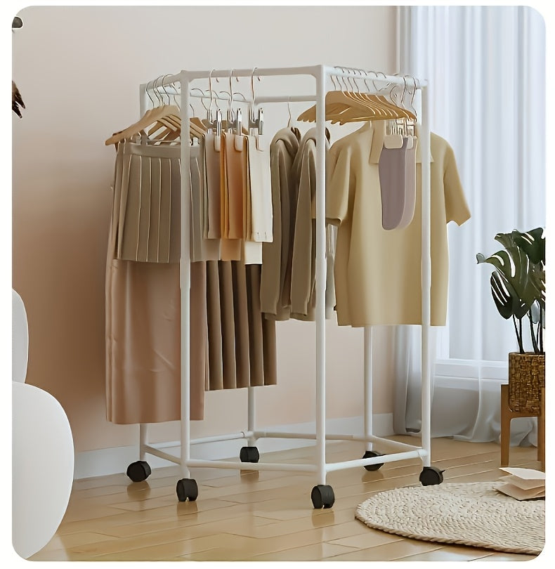 Hexagonal Rotating Clothes Rack with Wheels Large Capacity Freestanding Garment Rack for Bedroom Closet Entryway