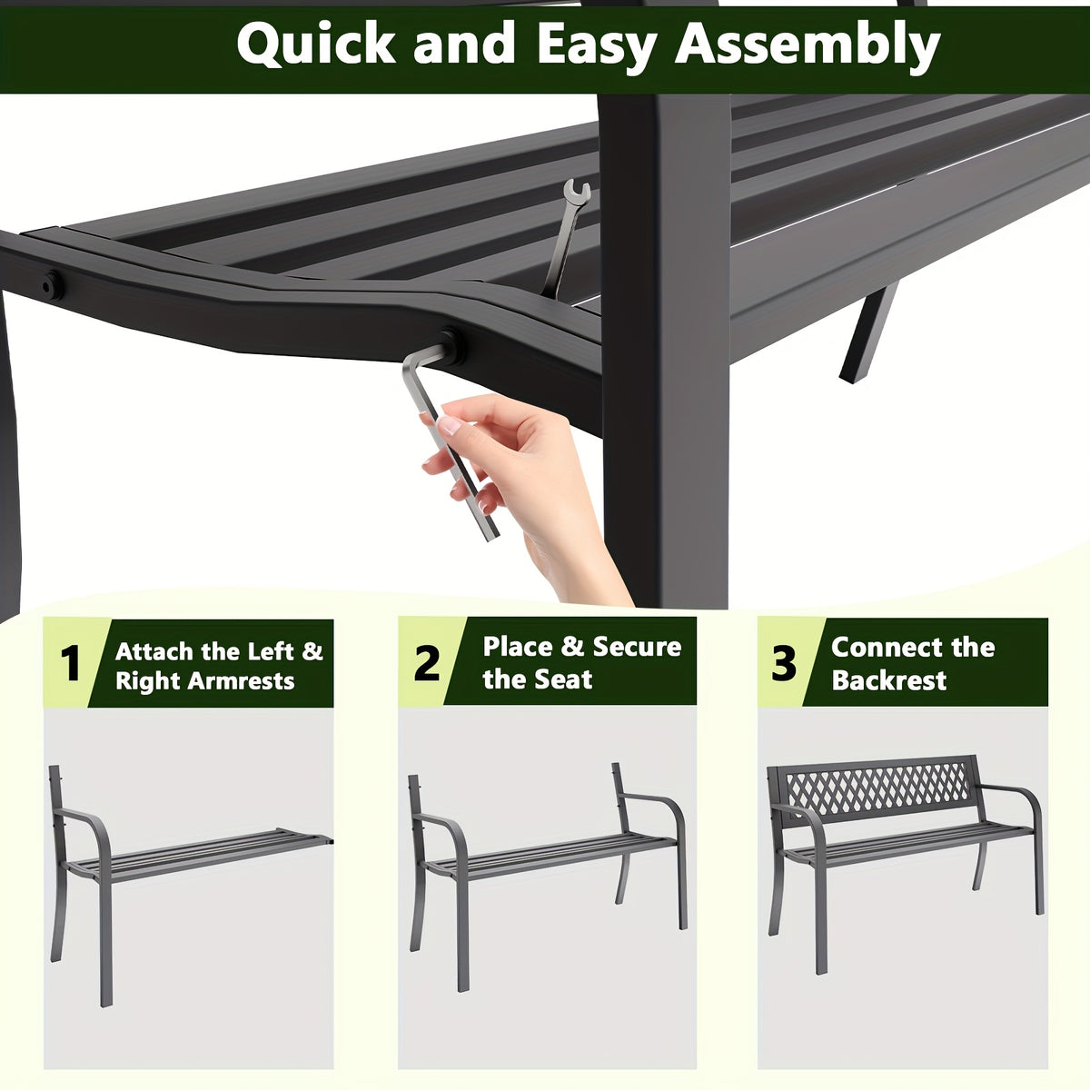Outdoor Metal Garden Bench 47in with Backrest Armrests 500LBS Capacity Park Bench for Courtyard Garden Yard Front Porch Black