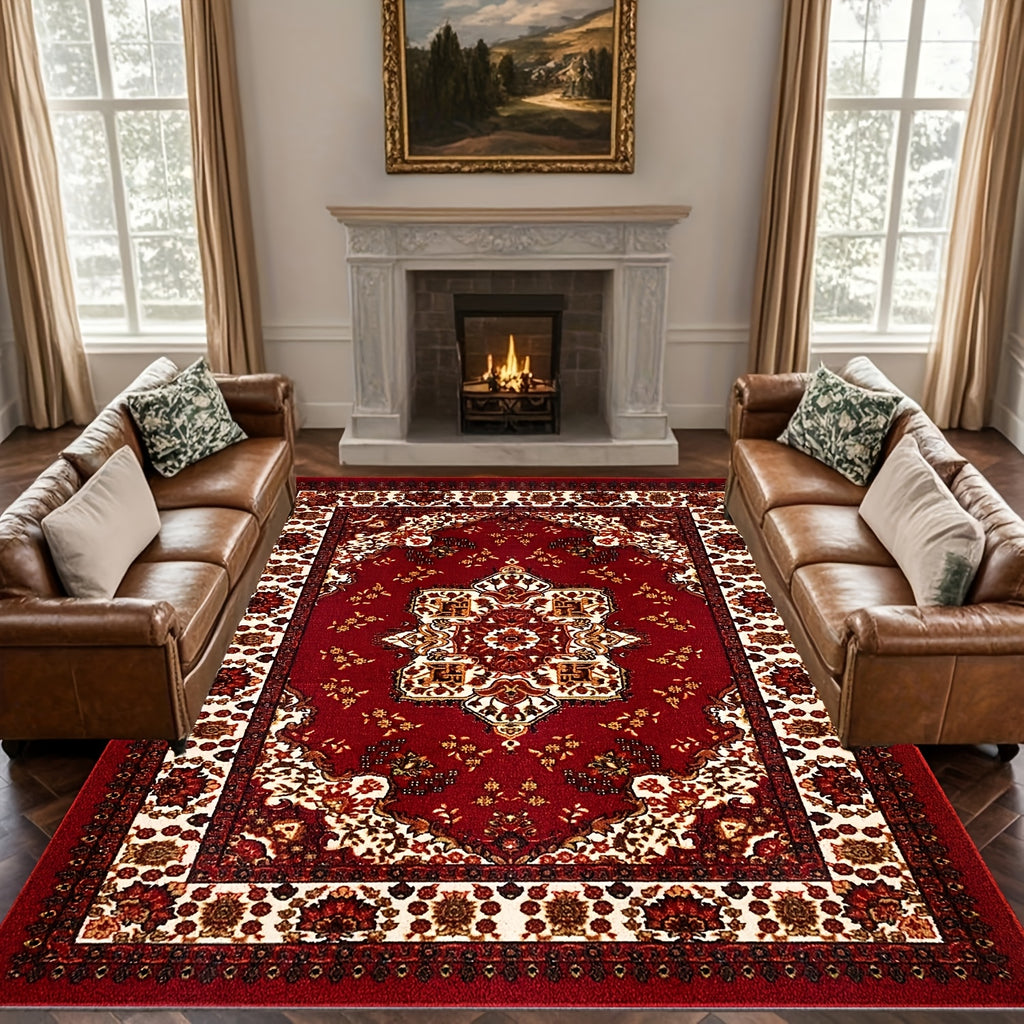 Bohemian Persian Area Rug - Plush Soft Pile Non-Slip Machine Washable 100% Polyester Red and Golden Floral Pattern for Living Room and Bedroom