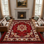 Bohemian Persian Area Rug - Plush Soft Pile Non-Slip Machine Washable 100% Polyester Red and Golden Floral Pattern for Living Room and Bedroom