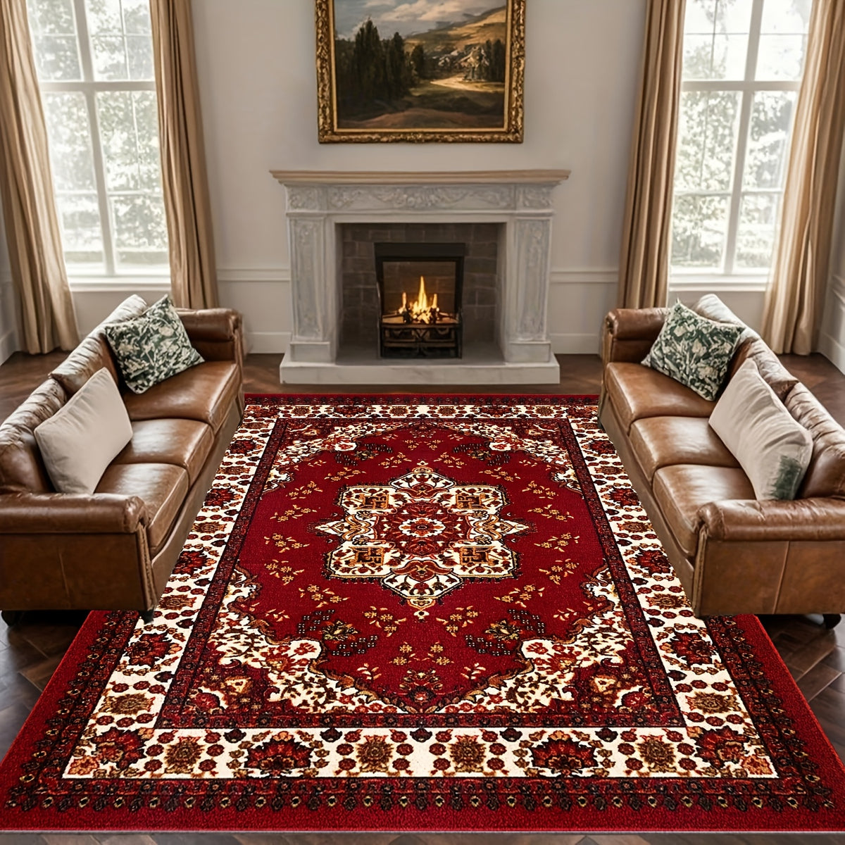 Bohemian Persian Area Rug - Plush Soft Pile Non-Slip Machine Washable 100% Polyester Red and Golden Floral Pattern for Living Room and Bedroom