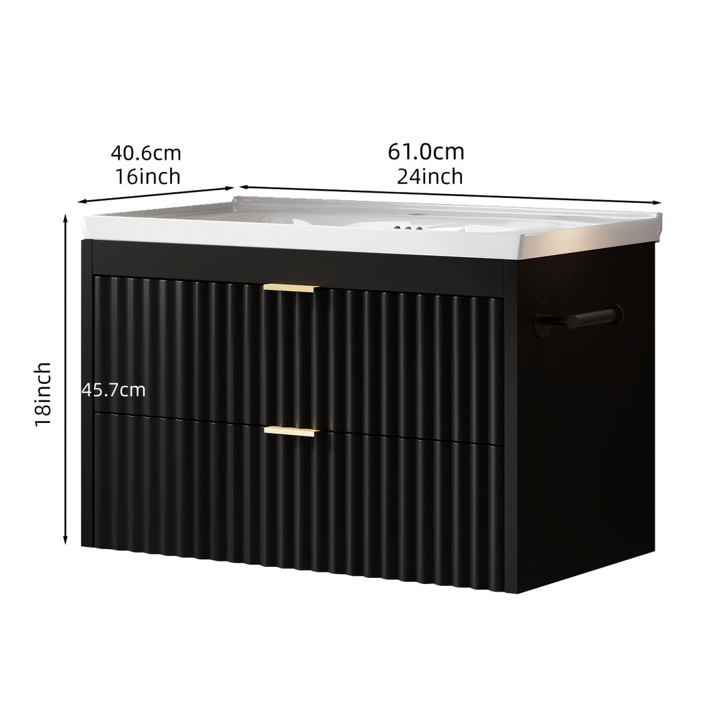 Floating Bathroom Vanity with Sink 24 Inch LED Light Wall Mounted 3-Hole Ceramic Basin Wave Line Design Soft Close Drawers for Small Spaces Black White