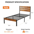 Iron Bed Frame with Wooden Plank Headboard Twin Full Queen Size Metal Platform Bed Heavy Duty Steel Slats Easy Assembly Bedroom