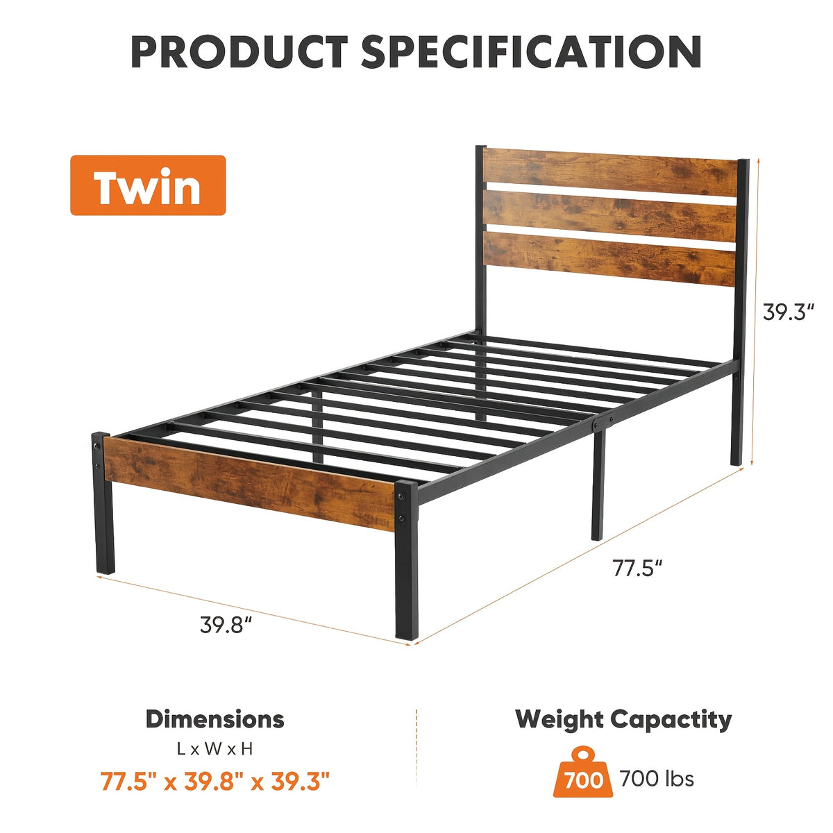 Iron Bed Frame with Wooden Plank Headboard Twin Full Queen Size Metal Platform Bed Heavy Duty Steel Slats Easy Assembly Bedroom
