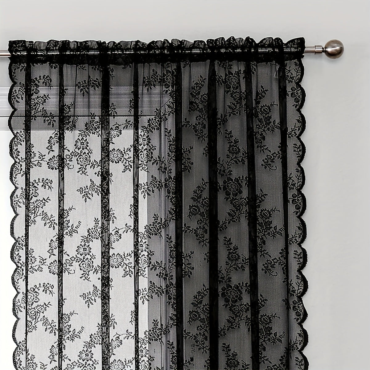 Vintage Floral Lace Sheer Curtains 2 Panels - Yarn-Dyed Dotted Netting Rustic Pastoral Semi-Sheer, 59" Wide Light Filtering Machine Washable for Living Room Kitchen Door Outdoor Wedding, White Green Black