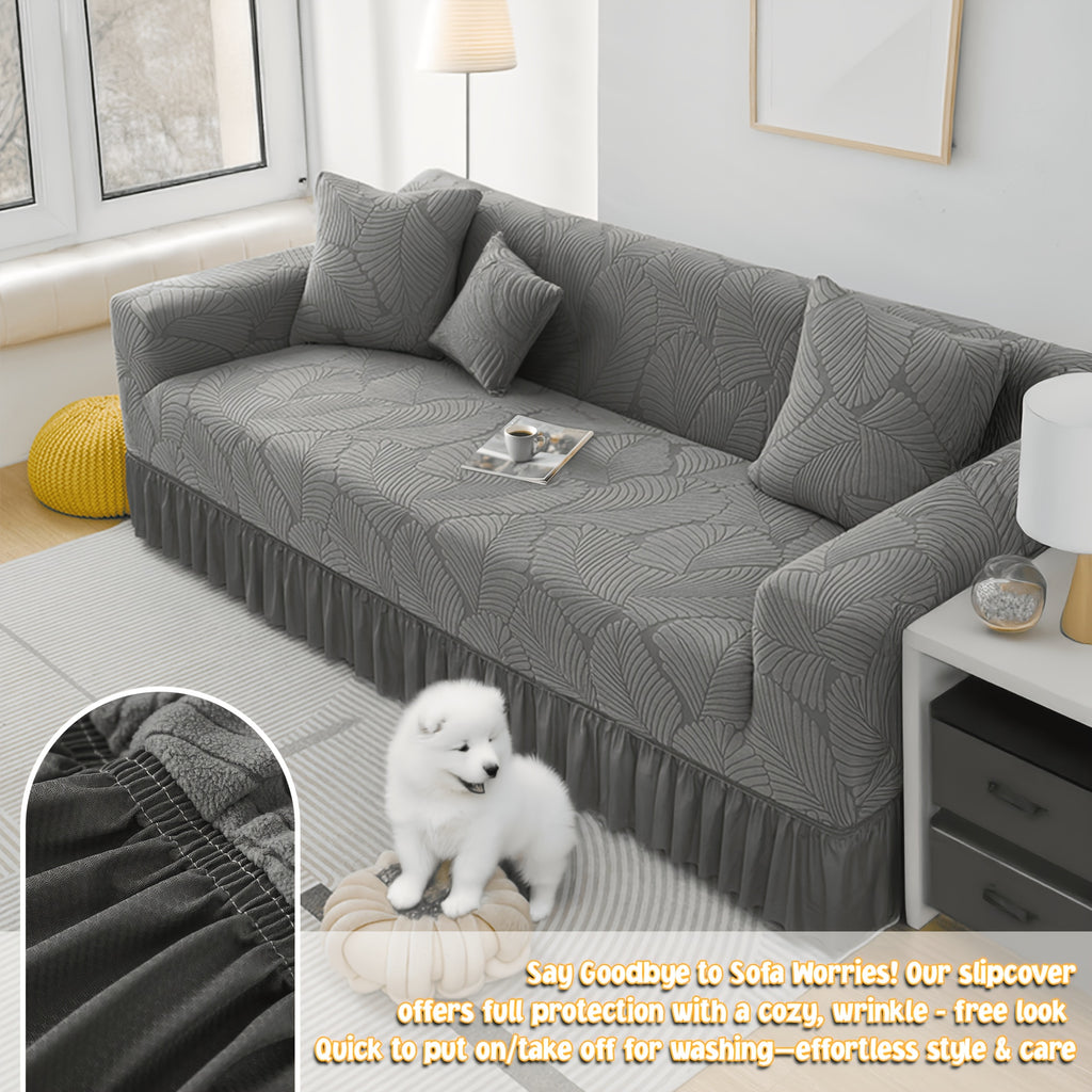 Luxury Skirted Sofa Cover Full Coverage Stretch Velvet Slipcover – Anti-Slip Pet-Friendly Couch Protector for 1/2/3/4-Seater, Soft Warm Furniture Cover in Navy Blue & Charcoal Gray for Winter Christmas Home Decor