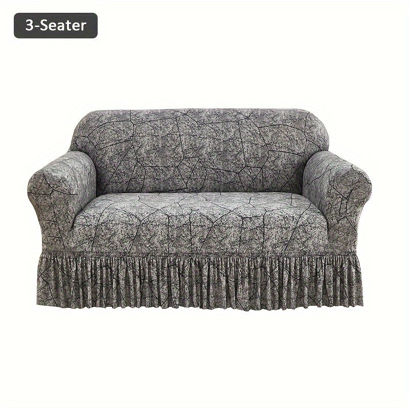 Printed Elastic Skirt Sofa Cover Slipcover with Bottom Skirt | Stretch Fitted Couch Protector for Living Room, Single 2-Seater 3-Seater 4-Seater