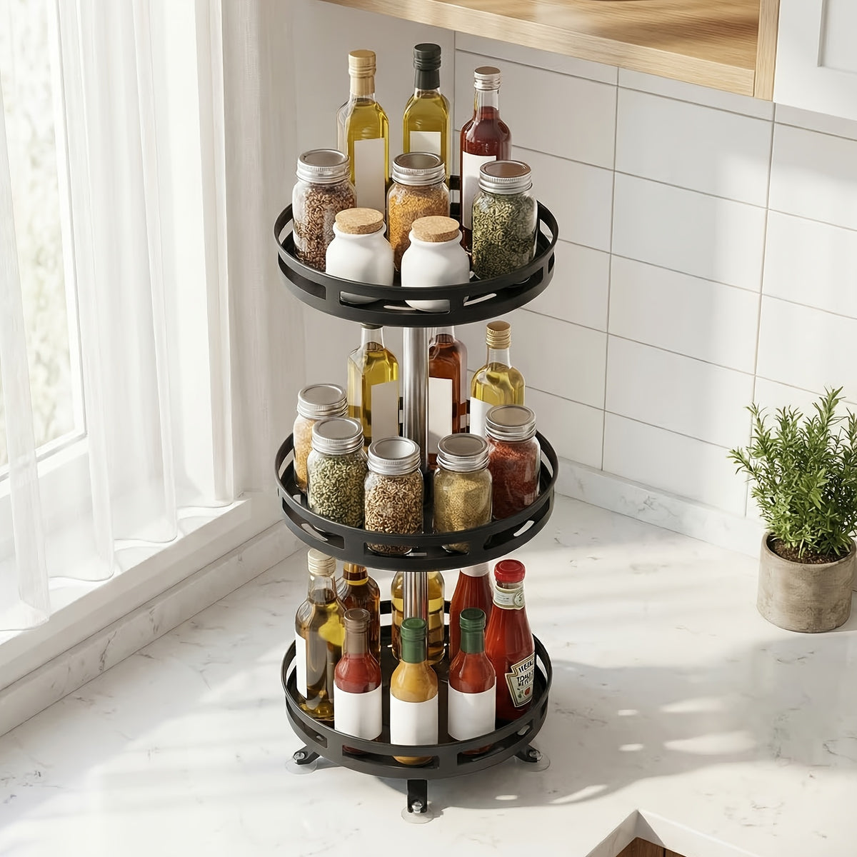 3 Tier Rotating Spice Rack Organizer Metal Turntable for Kitchen Countertop - Spinning Spice Jar Seasoning Storage Rack Black