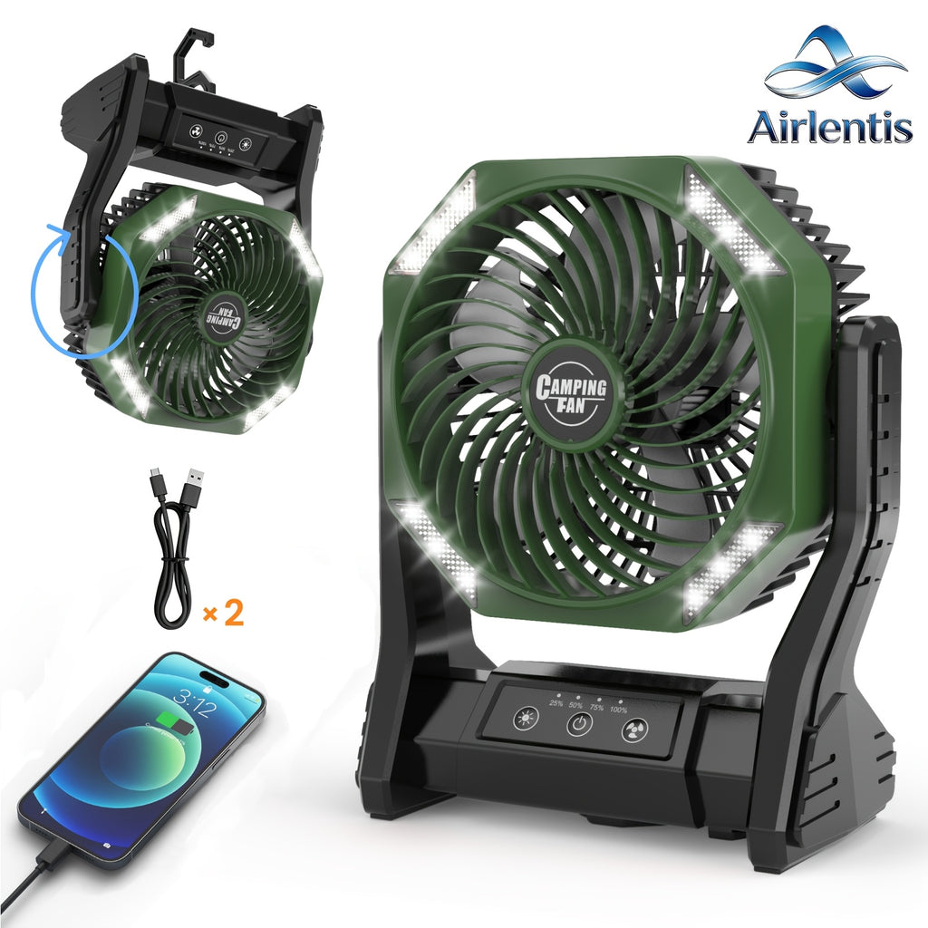 Camping Fan 20000mAh Battery LED Light 4-Speed Brushless Motor 180 Degree Oscillation 22-26H Runtime Portable Rechargeable Outdoor Fan for Camping Hiking Picnic Emergency Power Outage Green