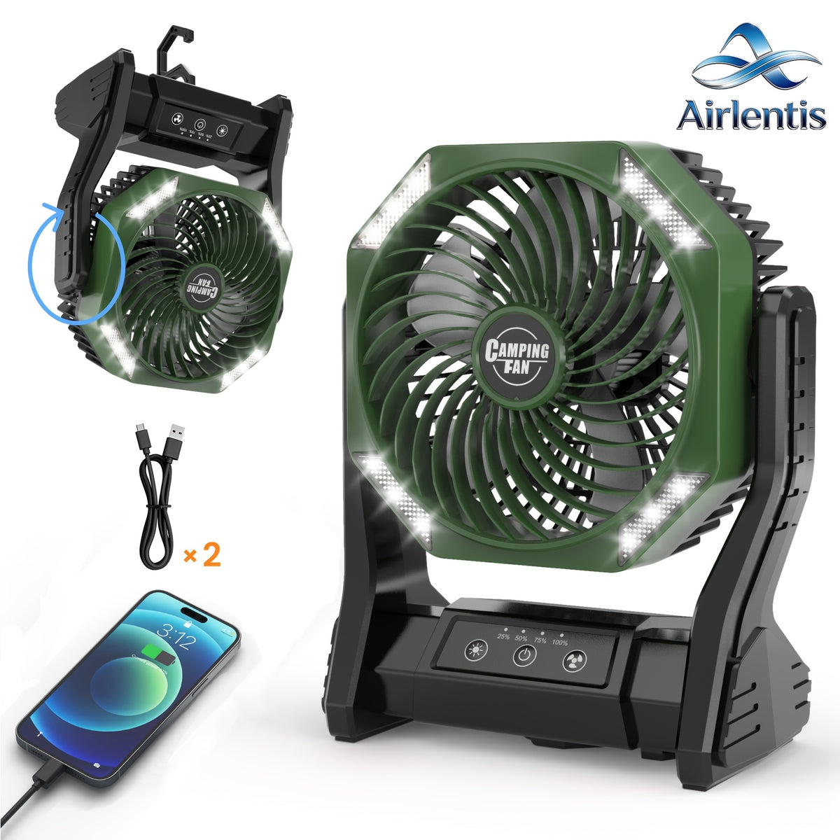 Camping Fan 20000mAh Battery LED Light 4-Speed Brushless Motor 180 Degree Oscillation 22-26H Runtime Portable Rechargeable Outdoor Fan for Camping Hiking Picnic Emergency Power Outage Green