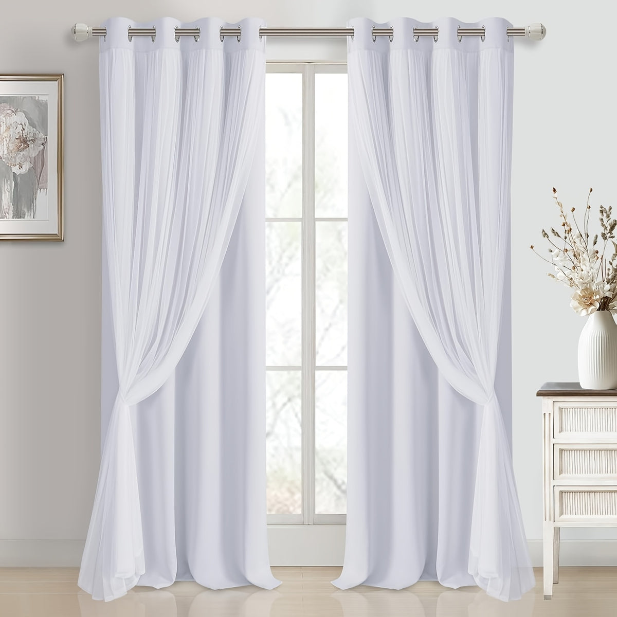 Double Layer Blackout Curtains with Sheer Overlay 2 Panels - Grommet Top Thermal Insulated Mix & Match Window Drapes with Tiebacks for Bedroom Living Room, All Season
