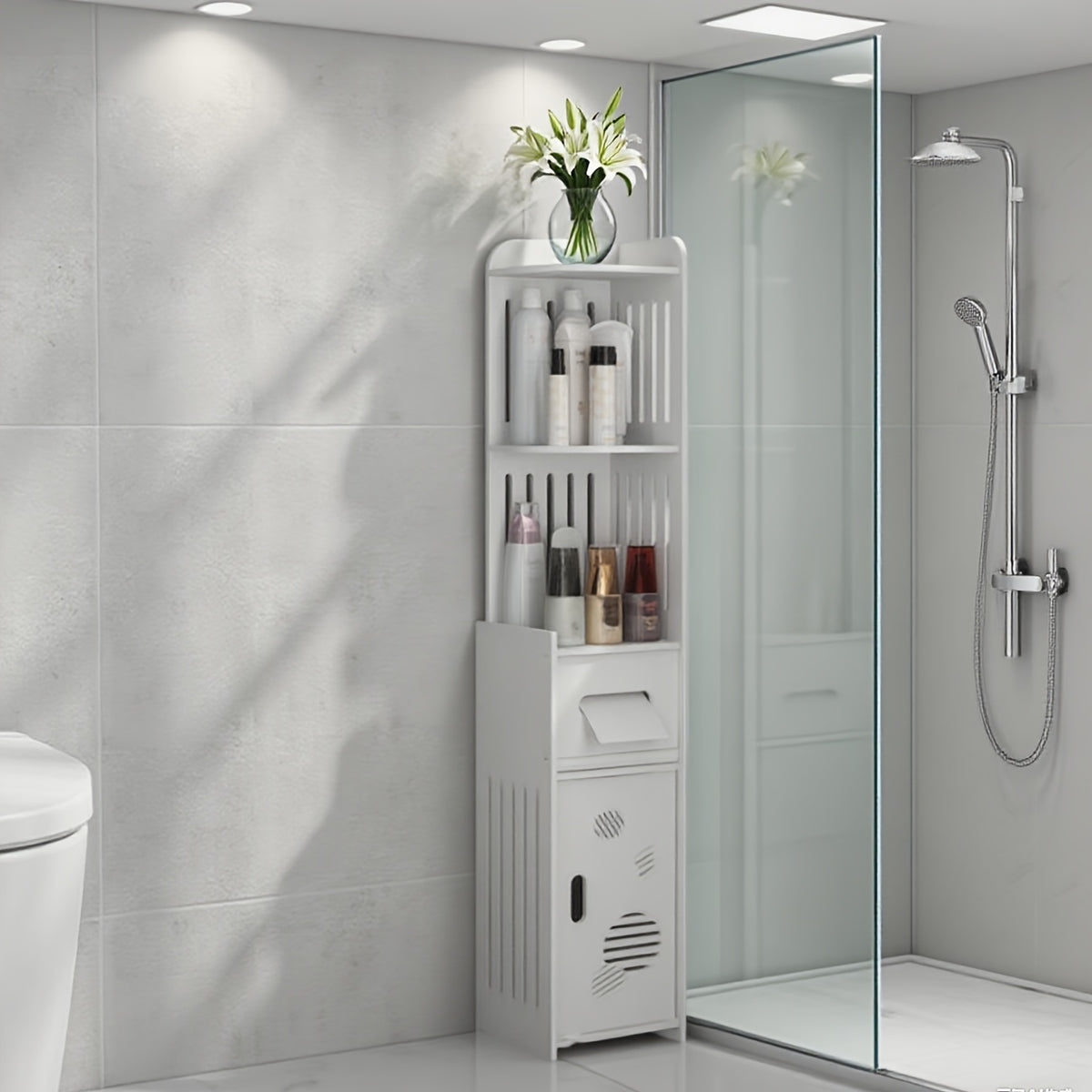 Large Capacity Bathroom Organizer Storage Cabinet with Toilet Paper Holder – Waterproof Dustproof Wall-Mount Bathroom Storage for Kitchen Bedroom Living Room Dining Room, Easy to Install