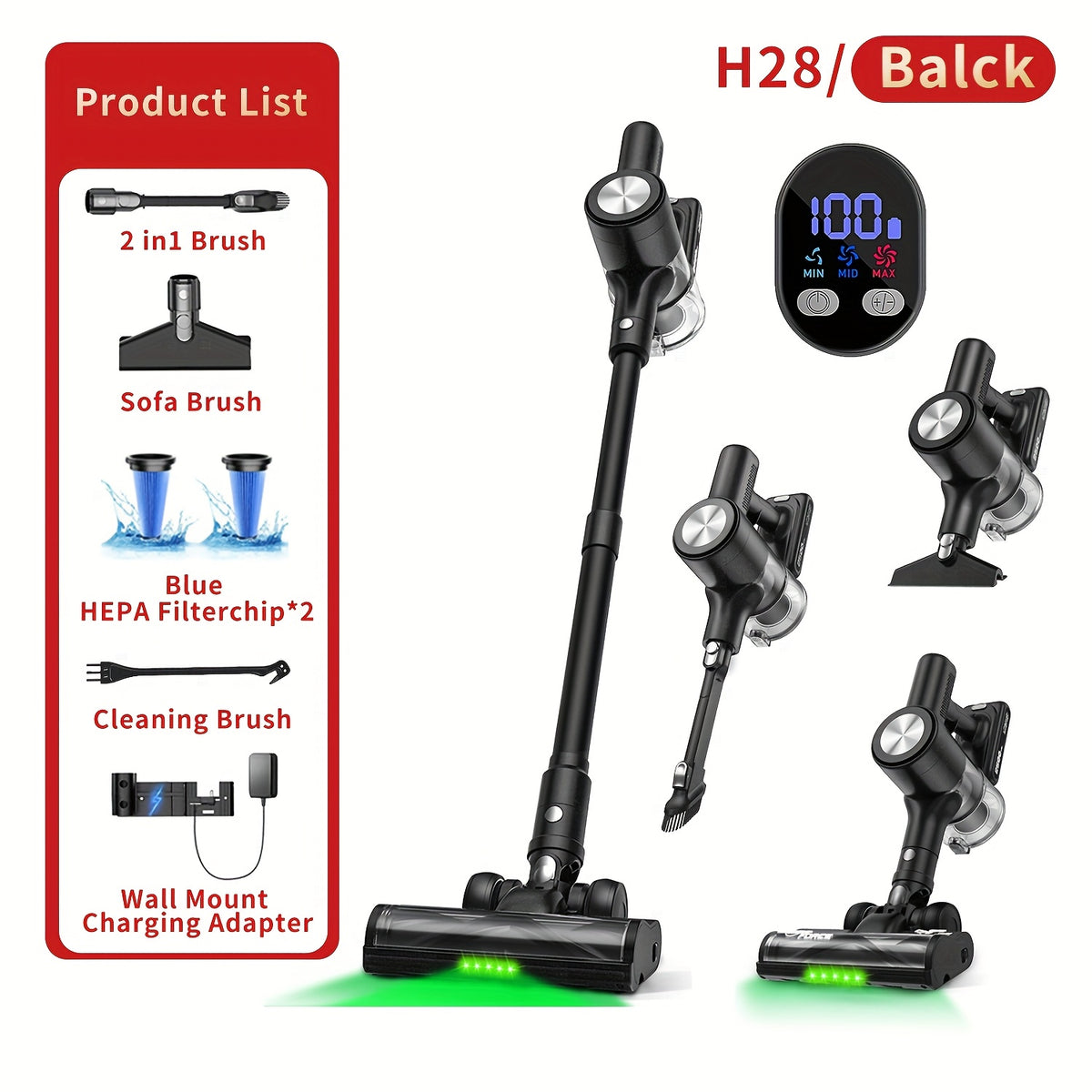 45KPA Cordless Vacuum Cleaner 8-in-1 Lightweight Stick Vacuum Green Light Anti-Tangle Floor Brush for Carpet Pet Hair Tile Hardwood 4 Colors
